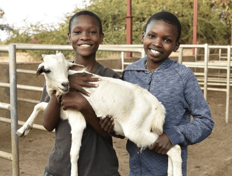 Two smiling young people holding a white goat in a farm pen